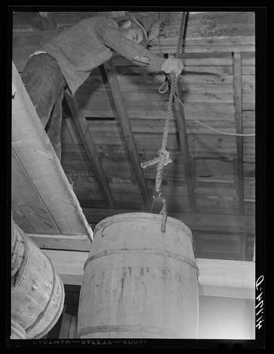 Untitled photo, possibly related to: Hoisting and dumping potatoes in a storage barn on one of the farms of the Woodman Potato Company. Eleven miles north of Caribou, Maine