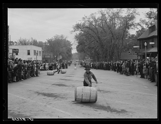One of the winners of the boy's race at the barrel rolling contest in Presque Isle, Maine
