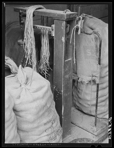 Scale, thread and needles used in preparing sacks of potatoes for shipment. Caribou, Maine. (Woodman Potato Company)