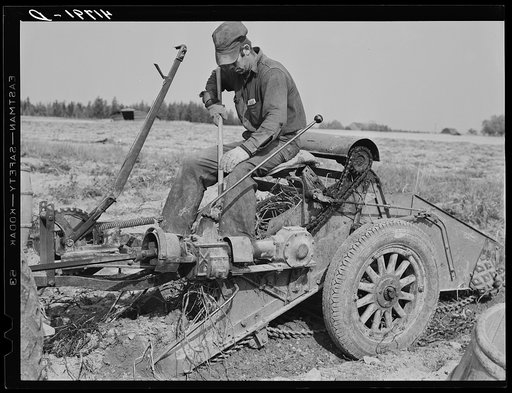 On a tractor-drawn potato digger on a farm near Caribou, Maine