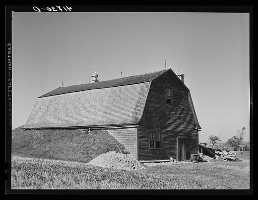 Potato storage barn on a field near Caribou, Maine. The earth is built up around the sides to provide a more even temperature throughout the year