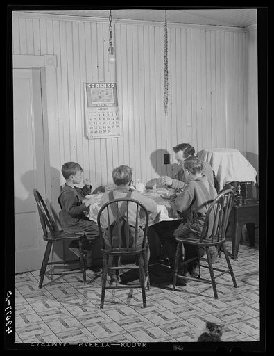 Untitled photo, possibly related to: Mr. Lawrence J. Brown, Aroostook potato farmer operates a small seed foundation unit in Eagle Lake, Maine. His three sons and one hired man do all the work. The little boy on the left picked fourteen barrels of potatoes before lunch