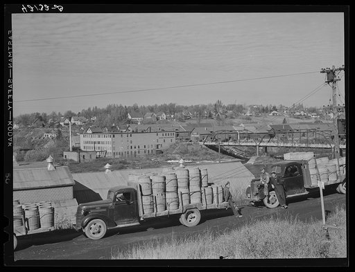 Potato trucks outside a starch factory in Caribou, Maine. There were almost fifty trucks in the line; some had been waiting for twenty-four hours for the potatoes to be graded and weighed. See general caption Aroostook number 1