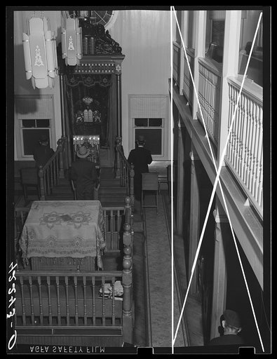 Interior of the synagogue during a small afternoon service in Colchester, Connecticut