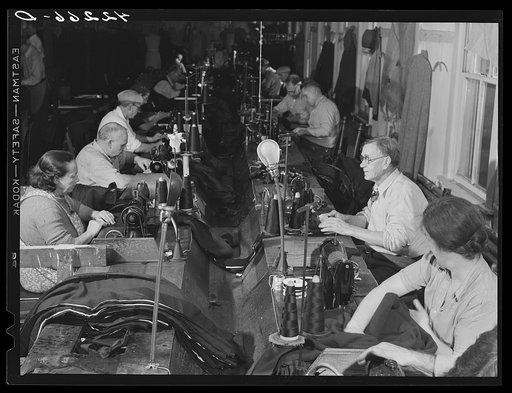 Workers in the small ladies coat factory in Colchester, Connecticut (Levine & Levine ladies coats). Most of the workers live on farms nearby