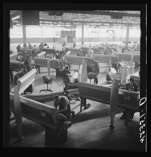 General view of propeller grinding and finishing operations at the Hamilton Standard Propeller Corporation. East Hartford, Connecticut