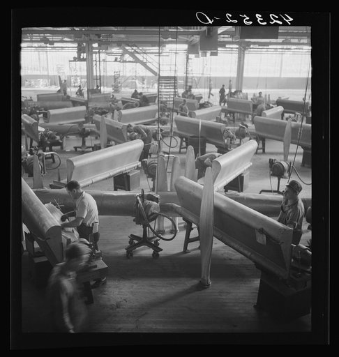 General view of propeller grinding and finishing operations at Hamilton Standard Propeller Corporation. East Hartford, Connecticut