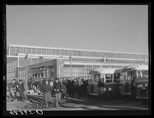Workmen leaving the plant at Vought Sikorsky Aircraft Corporation. Stratford, Connecticut