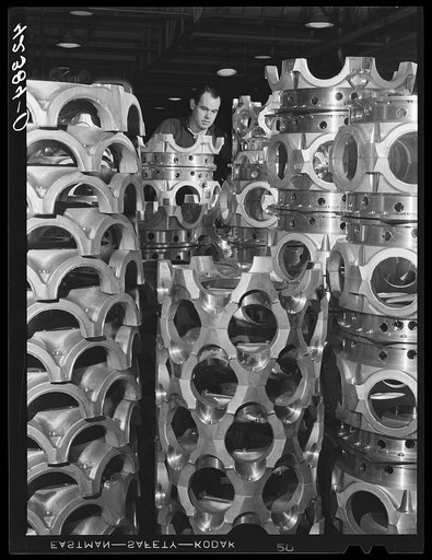 Aircraft motor casings at the Pratt and Whitney Aircraft Corporation. East Hartford, Connecticut