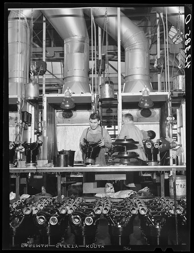 Cylinders for Pratt and Whitney engines being painted. East Hartford, Connecticut