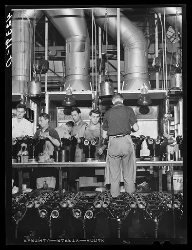 Cylinders for Pratt and Whitney engines being painted. East Hartford, Connecticut