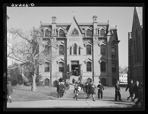 Children getting out of a parochial school in Norwich, Connecticut
