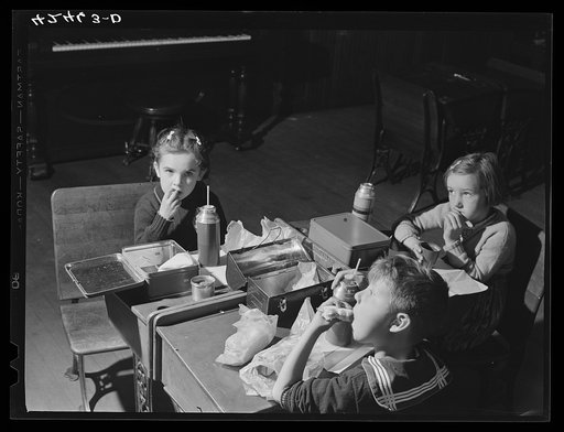 Children having lunch in the schoolhouse in Ledyard, Connecticut