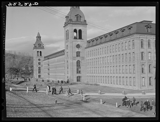 Workers leaving the Denomah Mills, Taftville, Connecticut, at the end of the afternoon shift