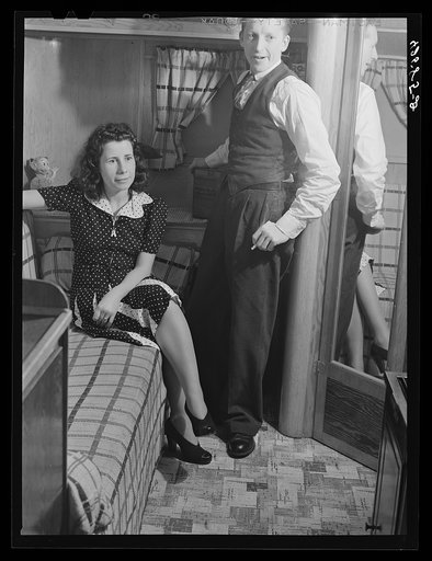 Untitled photo, possibly related to: Mr. and Mrs. C. Farnsworth live in a trailer which they bought about three months ago. He works at the Bath Iron Works. They originally come from Boston and lived in the town of Bath until they found the rents too much for them to meet. In Bath they had rented tw