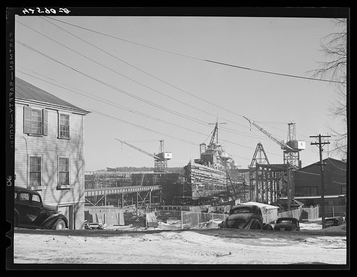 Ship under construction. Bath Iron Works, Bath, Maine