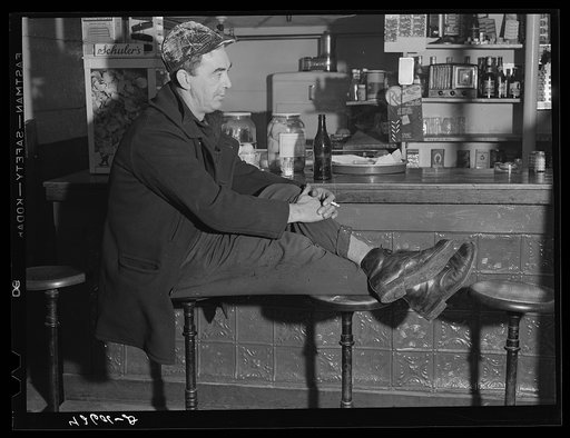 Shipyard worker in for a "beer" after work. A bar just outside the Bath Iron Works, Bath, Maine