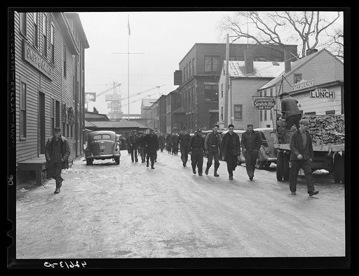 Untitled photo, possibly related to: Men coming out of the shipyard at noon hour for lunch. Bath, Maine