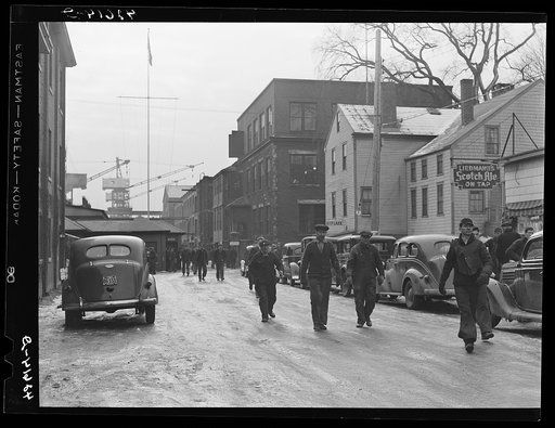 Men coming out of the shipyard at Bath, Maine, during the lunch hour