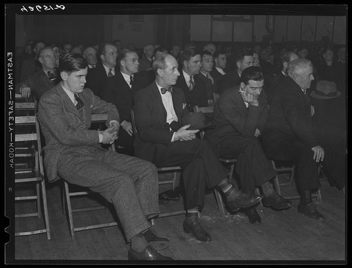Union meeting of Fore River shipyard workers (IUMSWA-Industrial Union of Marine and Shipbuilidng Workers of America). One of the topics discussed was defense housing. Quincy, Massachusetts