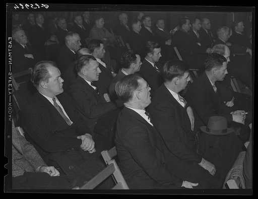 Union meeting of Fore River shipyard workers (IUMSWA-Industrial Union of Marine and Shipbuilding Workers of America). One of the topics discussed was defense housing