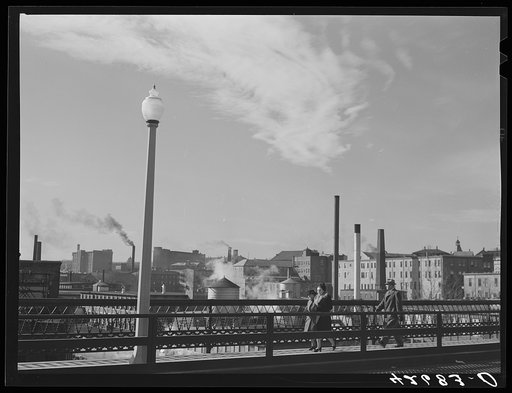 Textile mills seen from a bridge in Woonsocket, Rhode Island