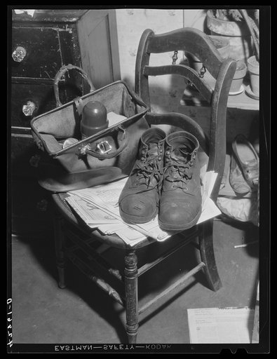 Untitled photo, possibly related to: Shoes and lunch taken by Mr. Fairchild to work at a steel works in Boston, Massachusetts. He is a vegetable farmer near Saugus, Massachusetts