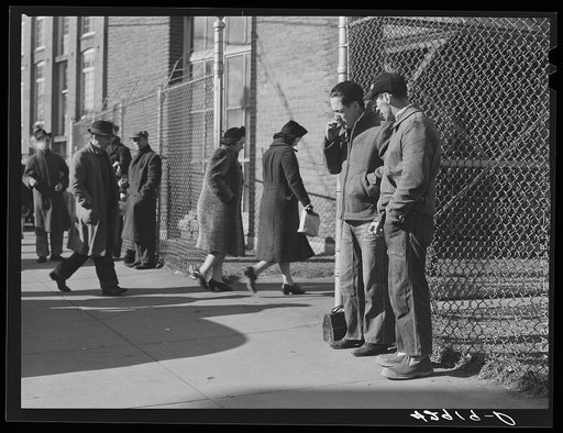 Employees entering textile mill in New Bedford, Massachusetts