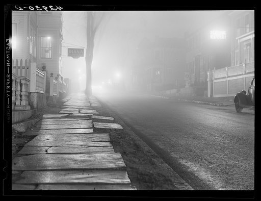 Street in New Bedford at night during a fog. New Bedford, Massachusetts
