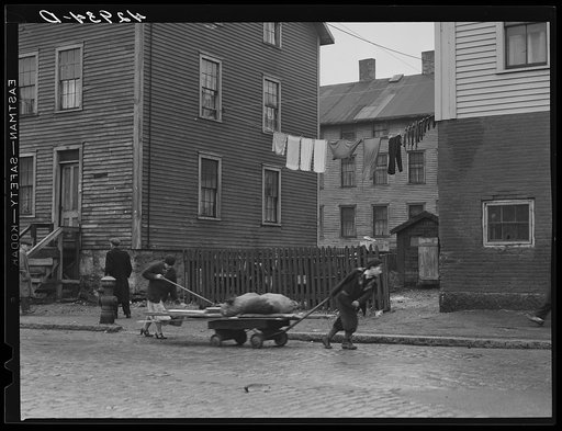 Bringing home some salvaged firewood in slum area in New Bedford, Massachusetts