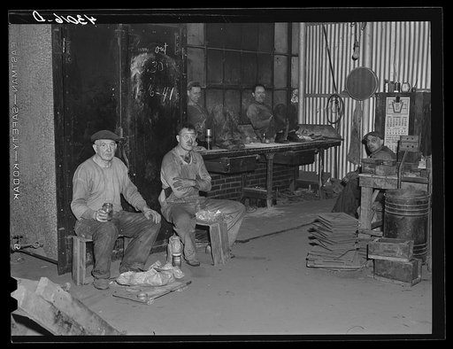 Untitled photo, possibly related to: Metal workers having lunch at the Correct Manufacturing Company in Fallston, Pennsylvania