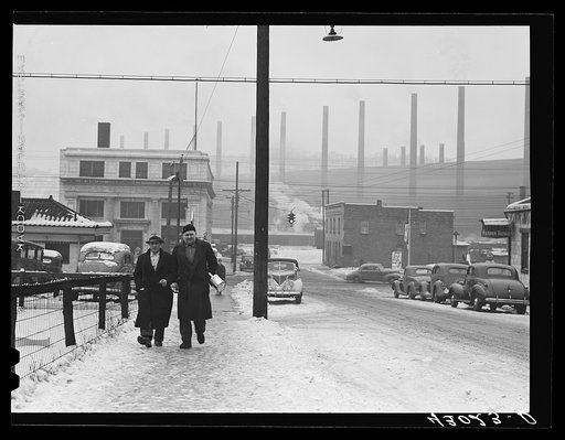 Men going home from work at the steel mill in Midland, Pennsylvania