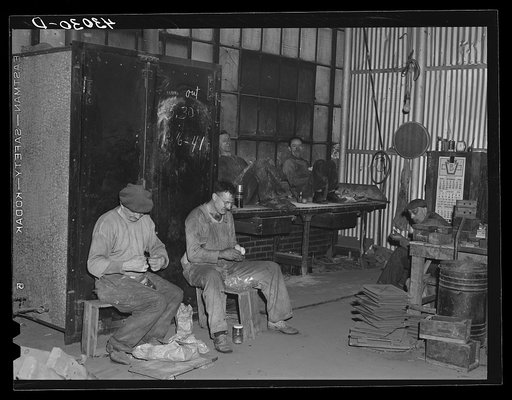 Metal workers having lunch at the Correct Manufacturing Company in Fallston, Pennsylvania