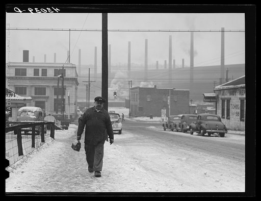 Going home from work at the steel mill in Midland, Pennsylvania