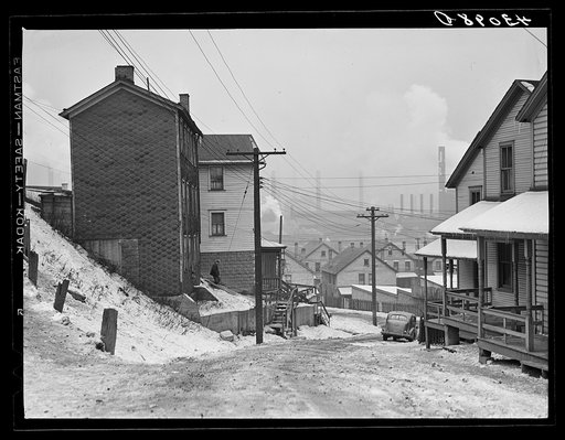 Street in Aliquippa, Pennsylvania with the Jones and Laughlin Steel Corporation in the background