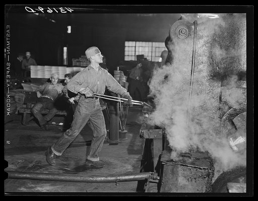 At one of the rolling machines in the Washington Tinplate Company. Washington Pennsylvania
