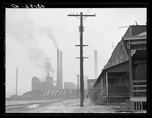 Untitled photo, possibly related to: Scene in west Aliquippa, Pennsylvania. Stacks of the Jones and Laughlin Steel Corporation in background