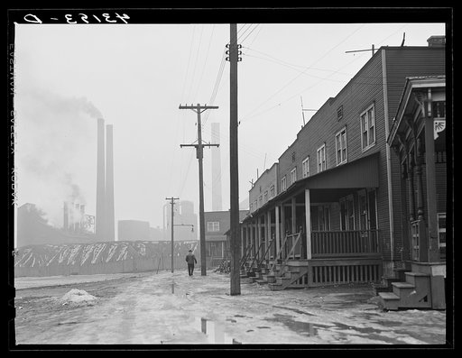 Untitled photo, possibly related to: Scene in west Aliquippa, Pennsylvania. Stacks of the Jones and Laughlin Steel Corporation in background