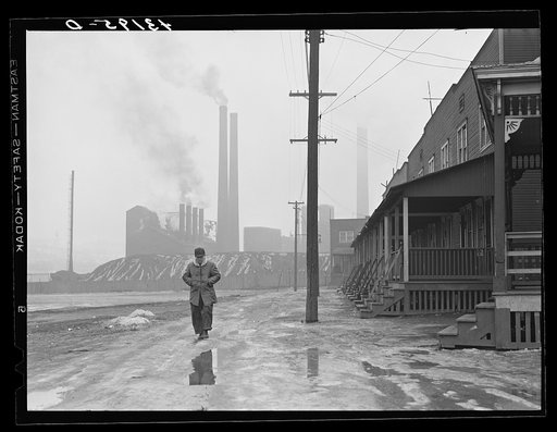 Scene in west Aliquippa, Pennsylvania. Stacks of the Jones and Laughlin Steel Corporation in background