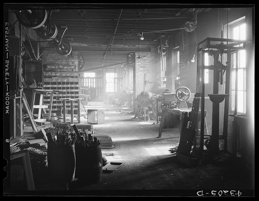 Interior of abandoned Olive Stove Works, Rochester, Pennsylvania. The company is now in the hands of receivers