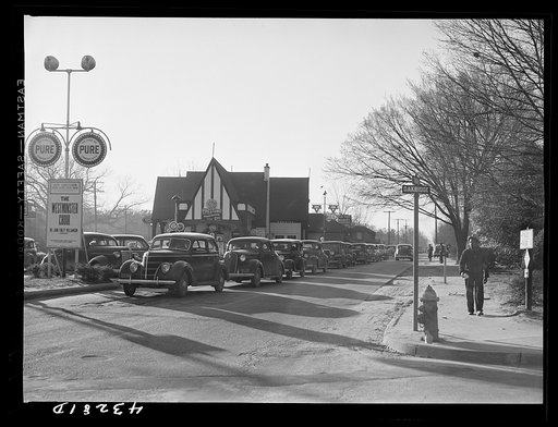 Traffic on the main highway from Fort Bragg, North Carolina to Fayetteville, at the time when the workers are coming out of fort. North Carolina