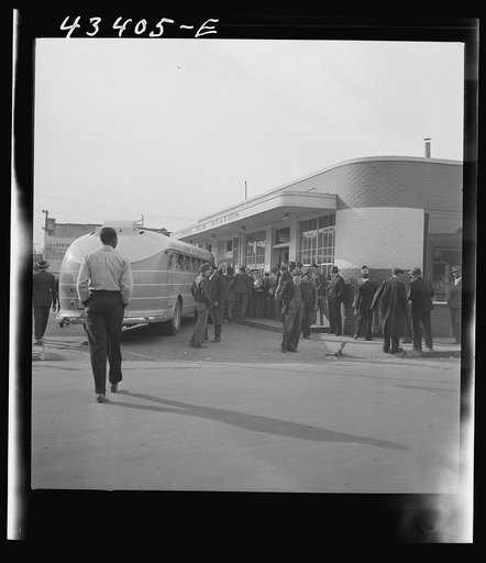 Crowds outside the bus station in Fayetteville, North Carolina