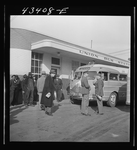 Crowds outside the bus station in Fayetteville, North Carolina