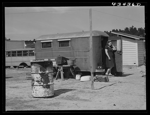 Untitled photo, possibly related to: Former circus performer now travels with her husband who does construction work at Fort Bragg, Near Fayetteville, North Carolina