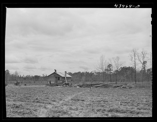 Rebuilding a house carried out of the Santee-Cooper Basin. Showing lumber that was the out,buildings. Near Bonneau, South Carolina