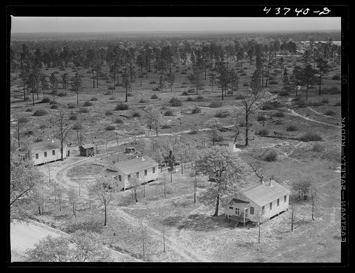 Prefabricated houses at Hazlehurst Farms Inc., showing both cleared and uncleared land. Hazlehurst, Georgia