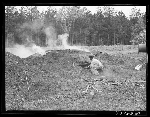 Untitled photo, possibly related to: Henry Dukes, Negro FSA (Farm Security Administration) borrower, burning charcoal. Southwestern part of Heard County, Georgia
