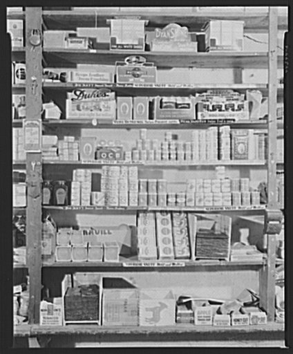The tobacco and snuff shelf at Mr. Whitaker's store in Greshamville. Greene County Georgia