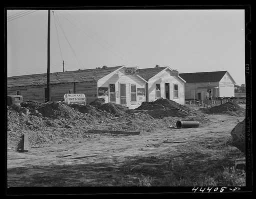 New cafes and bunkhouses amid the laying of a new sewer. Childersburg, Alabama