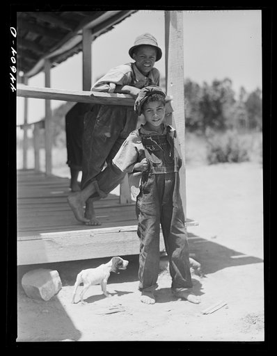 Untitled photo, possibly related to: Two of the children of R. L. Smith playing with a sickly dog. FSA (Farm Security Administration) borrower. Woodville, Greene County, Georgia